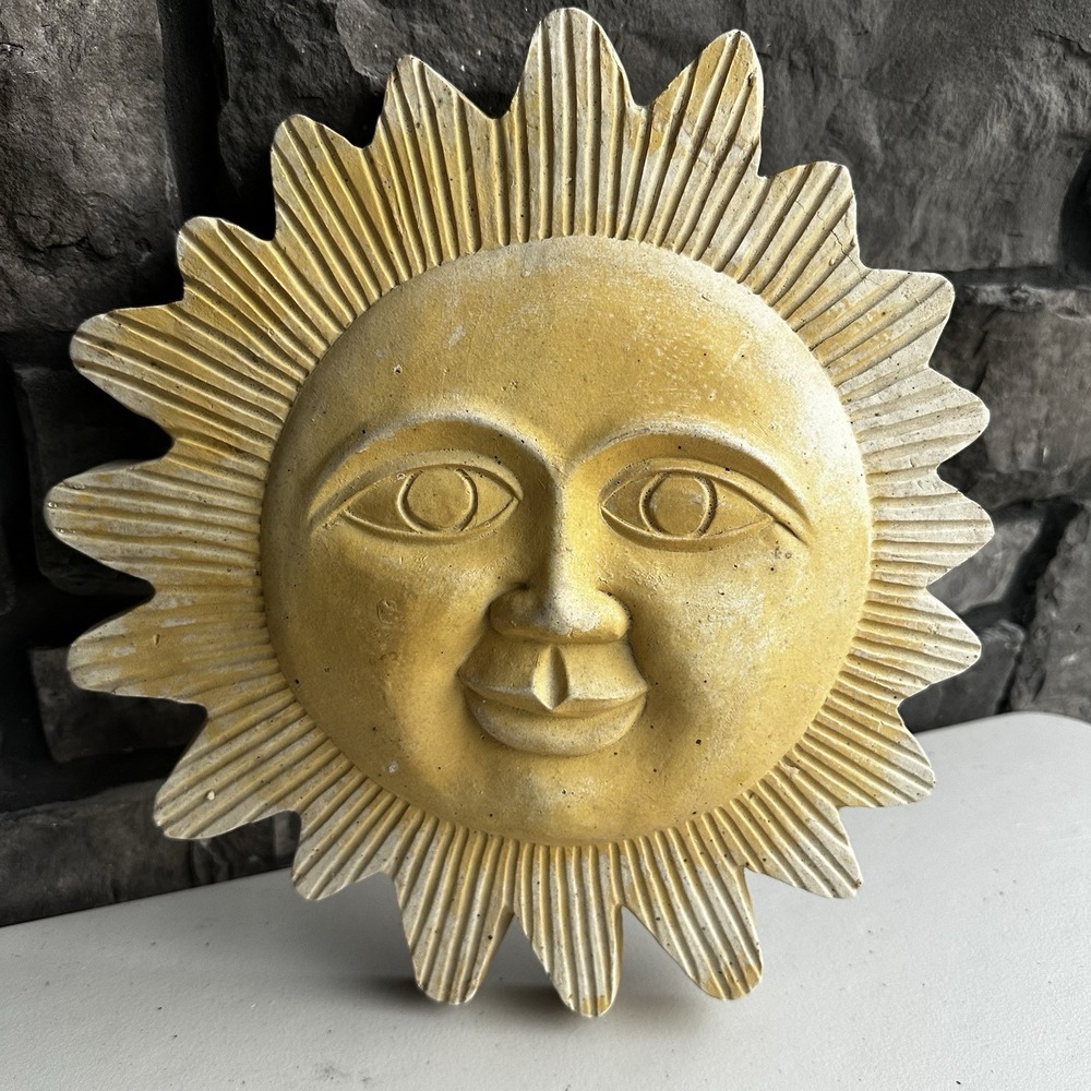 Vintage 90s Yellow Celestial Sun Ceramic Wall Hanging Art Plaque Home Garden 12"